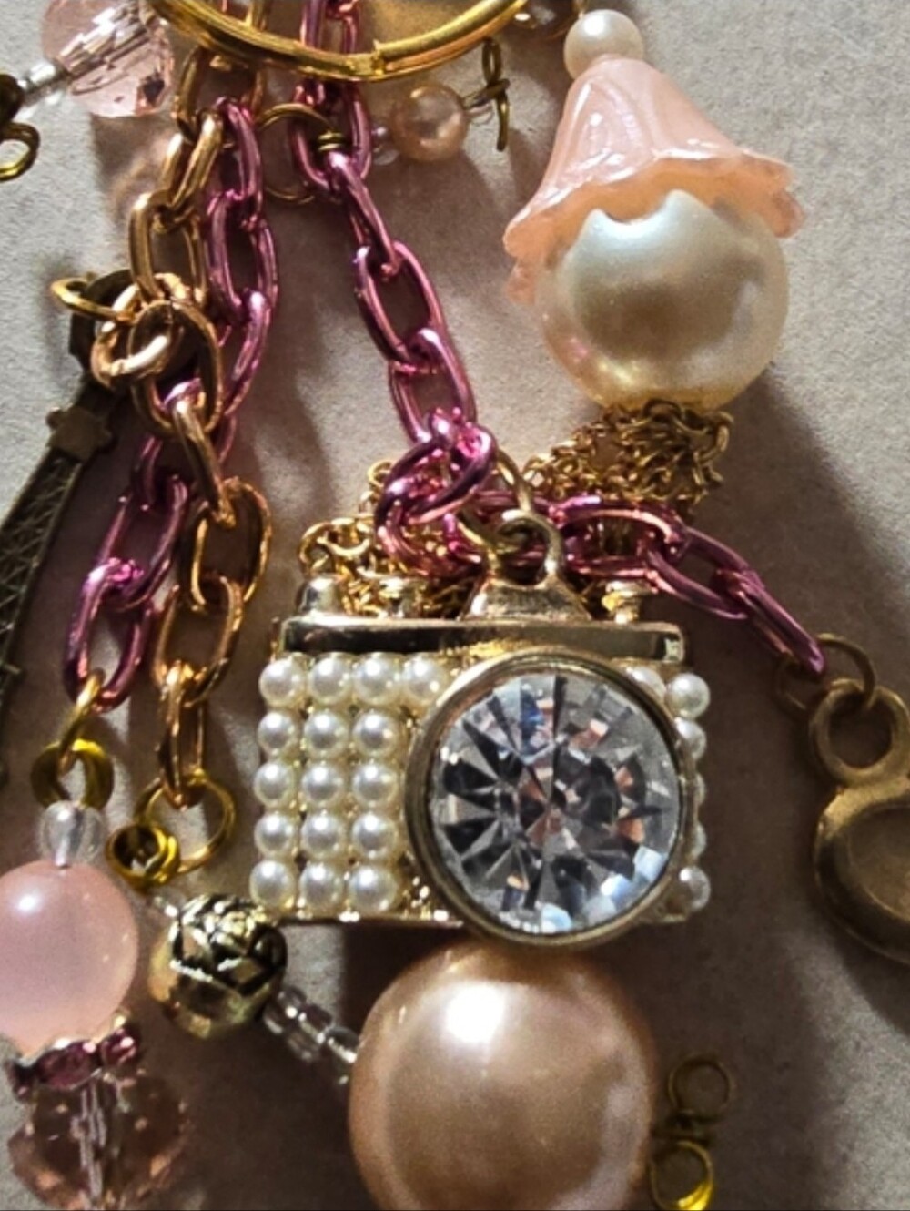 Gold & Pink Pearl Camera Charm Keychain/Purse Charm One Of A Kind Handcrafted - Picture 8 of 11